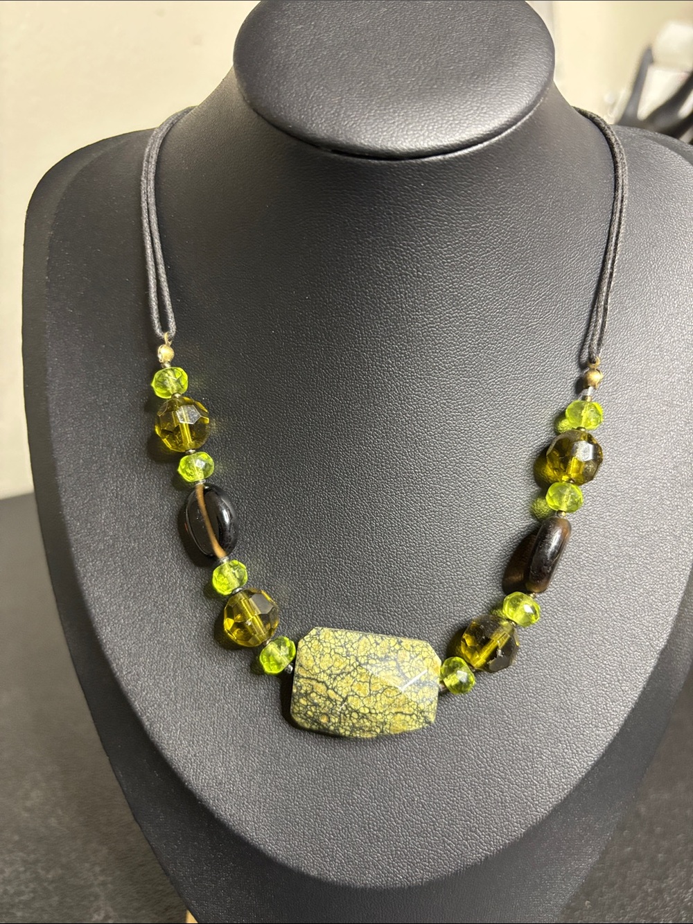 Green Jasper Center Stone & Bead Mixed Media Statement Necklace
